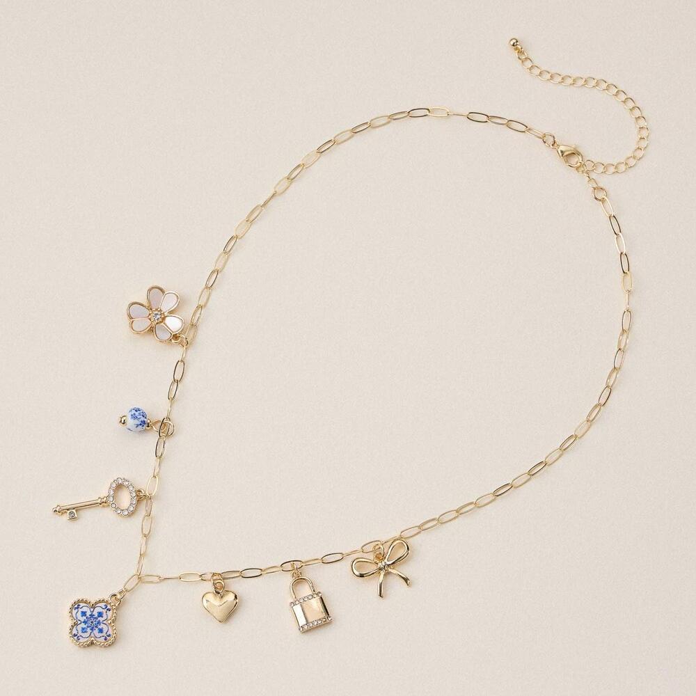 Gold Charm Necklace with Key, Heart, Clover & Floral Accents - Picture 1 of 2